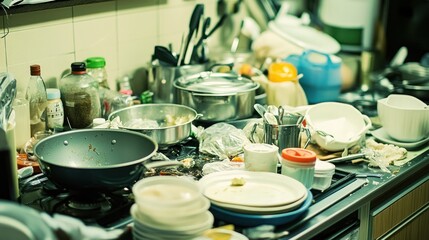Messy kitchen counter piled high with dirty dishes, pans, and utensils.