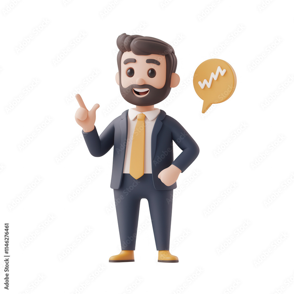 Poster a cheerful businessman character expressing a helpful idea with a speech bubble., isolated on a tran