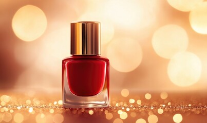 A bottle of red nail polish is sitting on a table