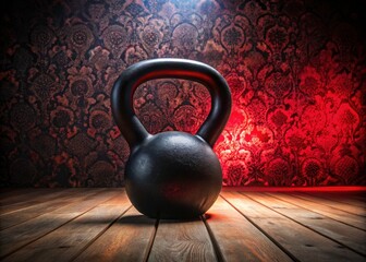 Fototapeta premium Night Photography: Rustic Black Kettlebell on Red & White Patterned Background