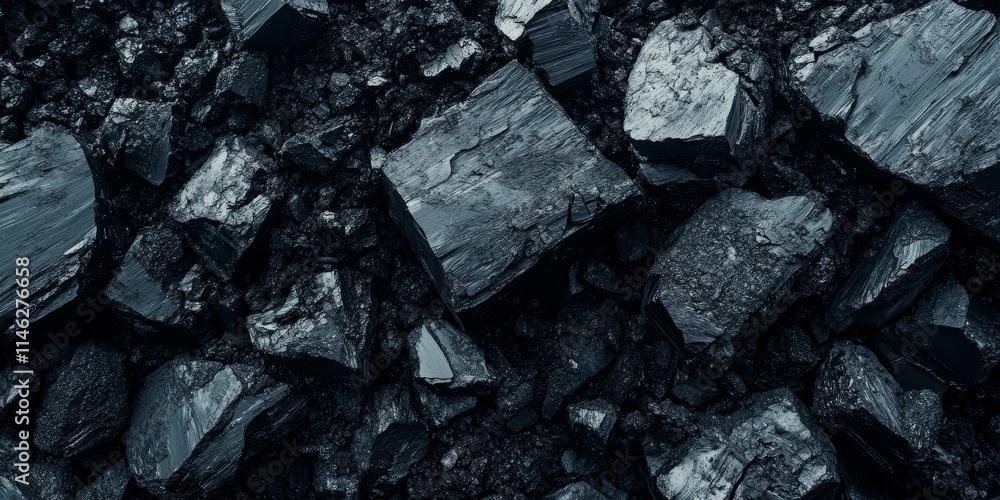 Poster large pieces of black coal arranged in a pile create a striking background. the texture of the black