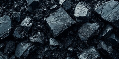 Large pieces of black coal arranged in a pile create a striking background. The texture of the black coal adds depth and character to the visual, making it an impactful image of black coal.