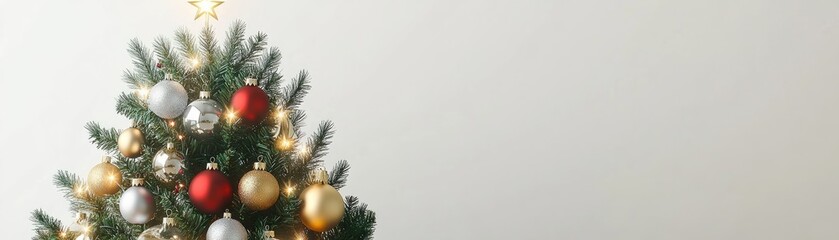 Obraz premium A decorated Christmas tree with ornaments and lights against a plain background.