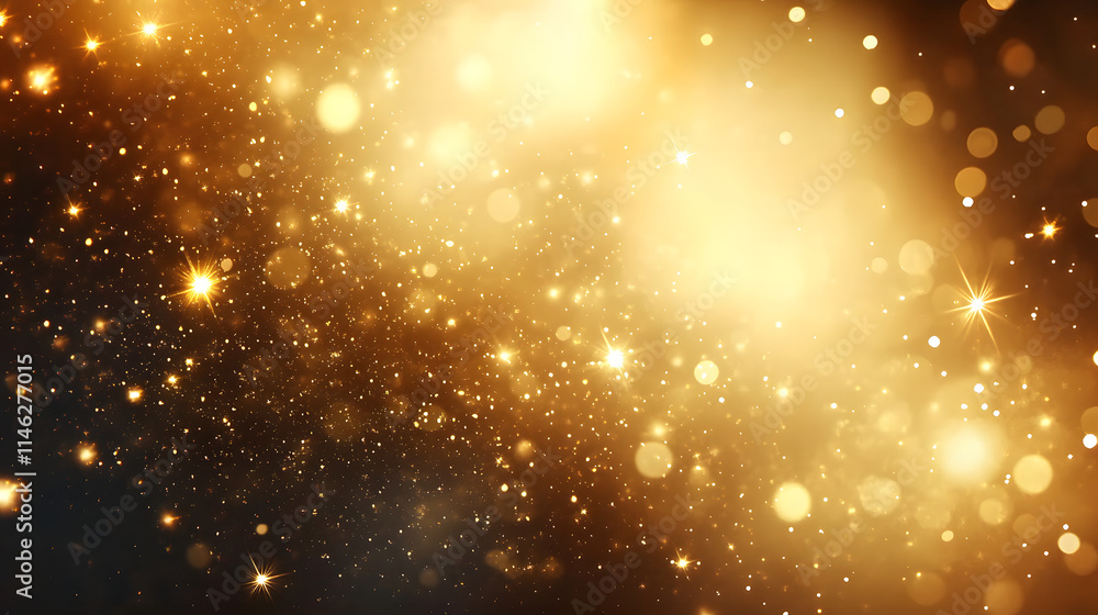 Poster abstract golden background with bokeh effect and shining defocused glitters. festive gold texture fo