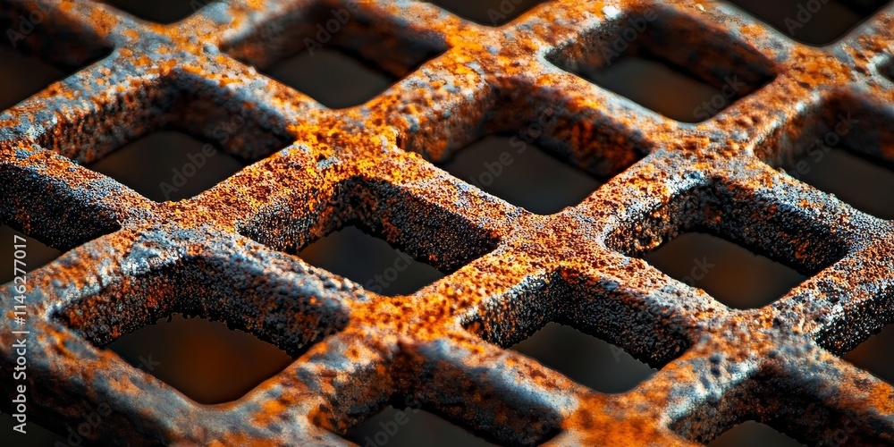 Poster close up view showcasing the texture of a rusty metal grid, emphasizing the intricate details of the