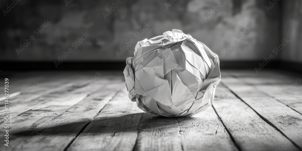 Fototapete crumpled monochrome paper ball and lumpy white sheet on a wooden floor create a unique visual compos