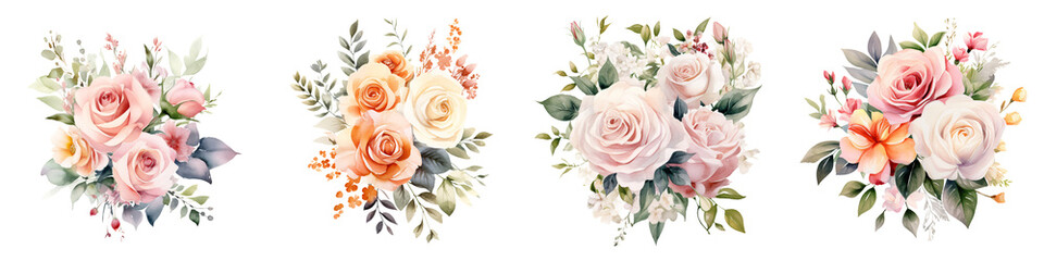 Fototapeta premium A collection of beautifully arranged floral bouquets featuring various roses and greenery.