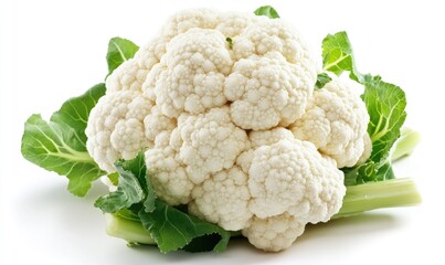 A white cauliflower is on top of a green leaf