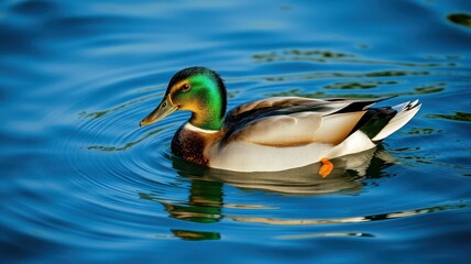 Fototapeta premium Male mallard duck swimming gracefully on a calm blue lake surrounded by nature