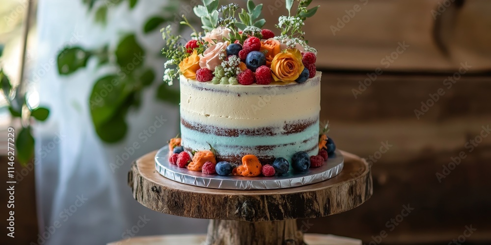 Poster a rustic style cake presented beautifully, showcasing the charm of rustic style cake design with vib