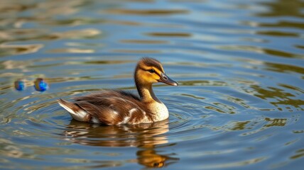 Obraz premium Young duckling swims gracefully on a serene pond surrounded by rippling water during a sunny day
