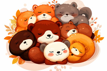 Cute Cartoon Animals Huddle Autumn Leaves Peaceful Sleep Illustration Design.