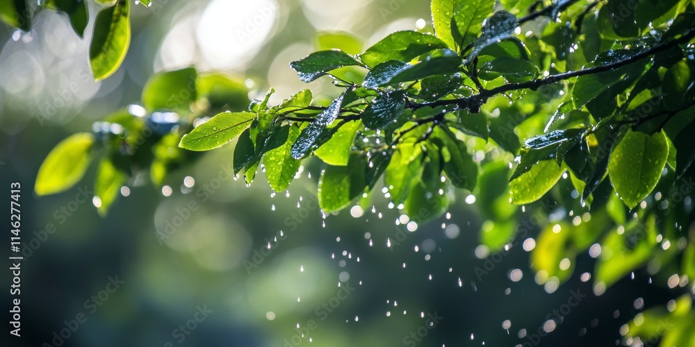 Poster close up view of rain drops on a tree in a wooded area, highlighting the beauty and serenity created