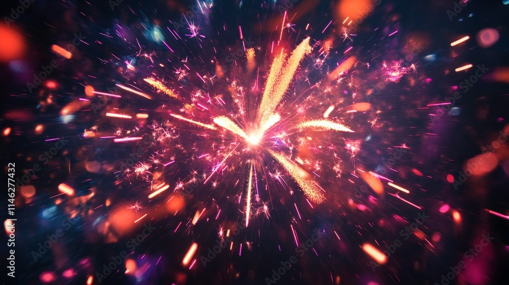 Poster a spectacular display of colorful fireworks exploding against a dark background, creating a stunning
