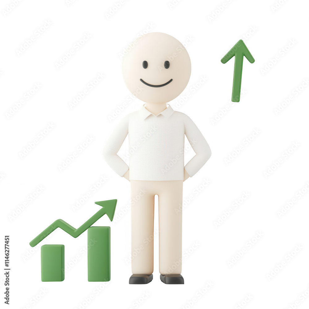 Poster a cheerful character representing growth and success with a graph., isolated on a transparent backgr