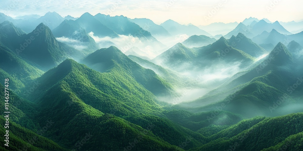 Poster vibrant green mountains enveloped by fog in the morning light create a serene and mystical atmospher