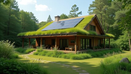 Eco-Friendly House with Green Roof and Solar Panels in Forest