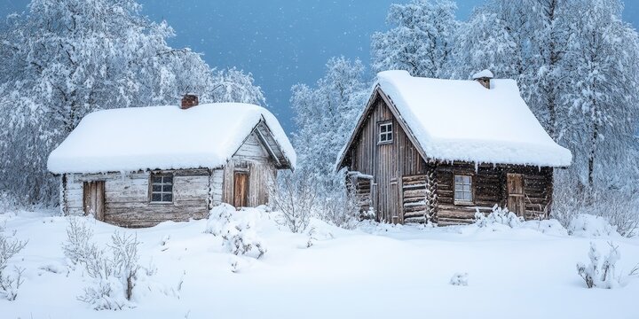 Snow covered old wooden cabin and storage house, commonly known as stabbur, in winter. This scene features the charming design of a stabbur, set in a beautiful winter landscape.