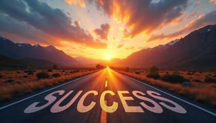 Motivational poster, success theme, journey visualization, personal growth, self-improvement, achievement message, branding materials, personal development campaign.Long straight road leading to the

