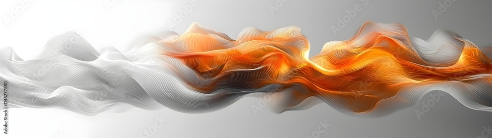 Poster an abstract art piece featuring flowing waves of orange and white, creating a dynamic and mesmerizin