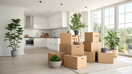 A collection of packed cardboard boxes arranged in a modern, sunlit kitchen and living space. Represents moving, relocation, or organizing in a new home environment.