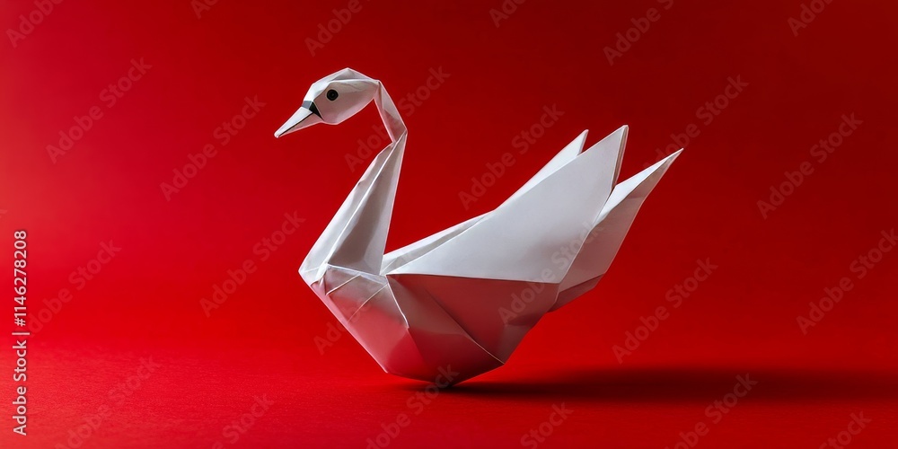 Poster elegant origami swan displayed against a vibrant red background, showcasing the intricate artistry o