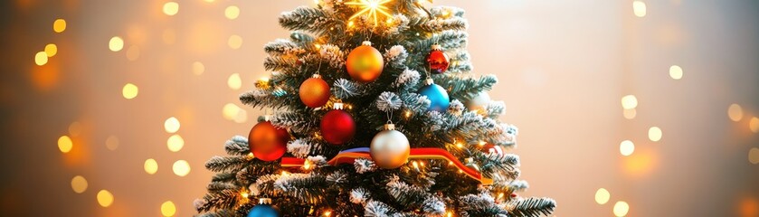 Fototapeta premium A festive Christmas tree adorned with colorful ornaments and glowing lights.