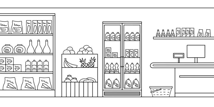 Grocery store shop interior black white graphic sketch illustration vector 