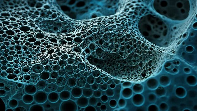 Video footage of close up of a porous, sponge like structure with interconnected holes and cavities, resembling a microscopic cellular material