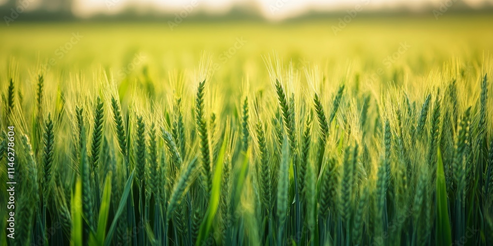 Poster close up view of a vibrant green cereal field, showcasing the lush texture and rich color of the cer