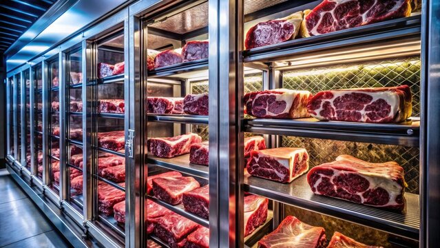 Premium dry-aged beef steaks:  cold storage enhances flavor and tenderness.