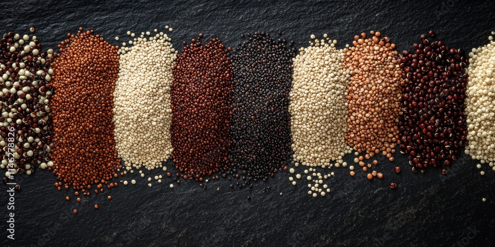 Poster variety of quinoa showcased on a black backdrop, highlighting the unique textures and colors of diff