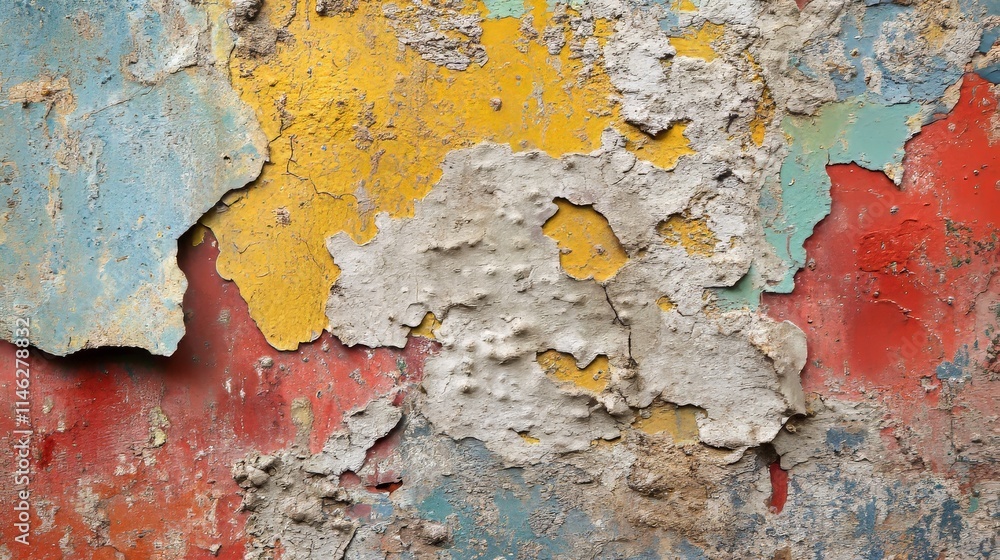 Poster Close up view of an aged, multicolored plastering surface, capturing the unique textures and colors that characterize this old plastering surface in vibrant detail.