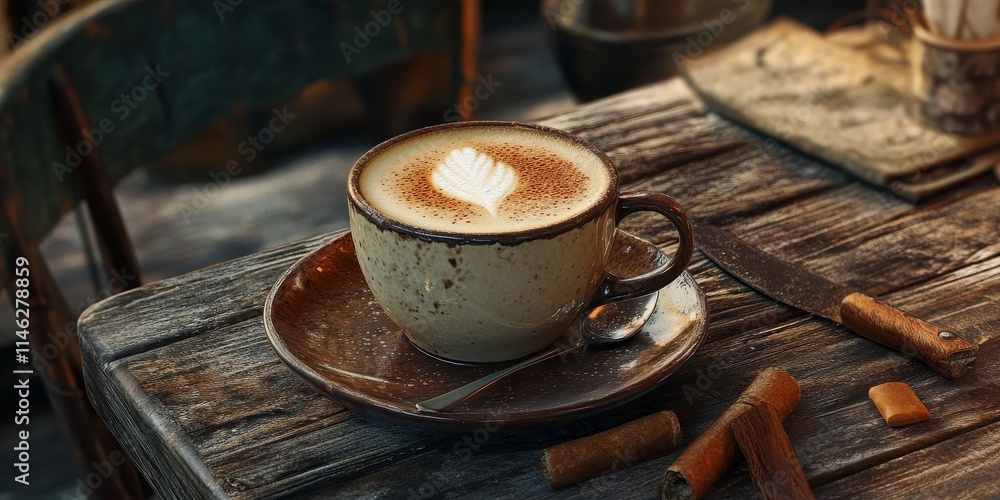 Aufkleber A rustic setting featuring a cup of latte, highlighting the comforting allure of a latte in an inviting environment perfect for enjoying a warm cup of latte.