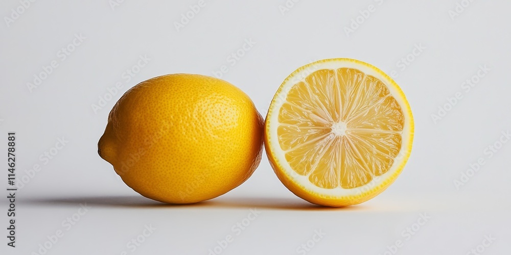 Poster fresh meyer lemon displayed on a clean white background, highlighting the vibrant color and texture 