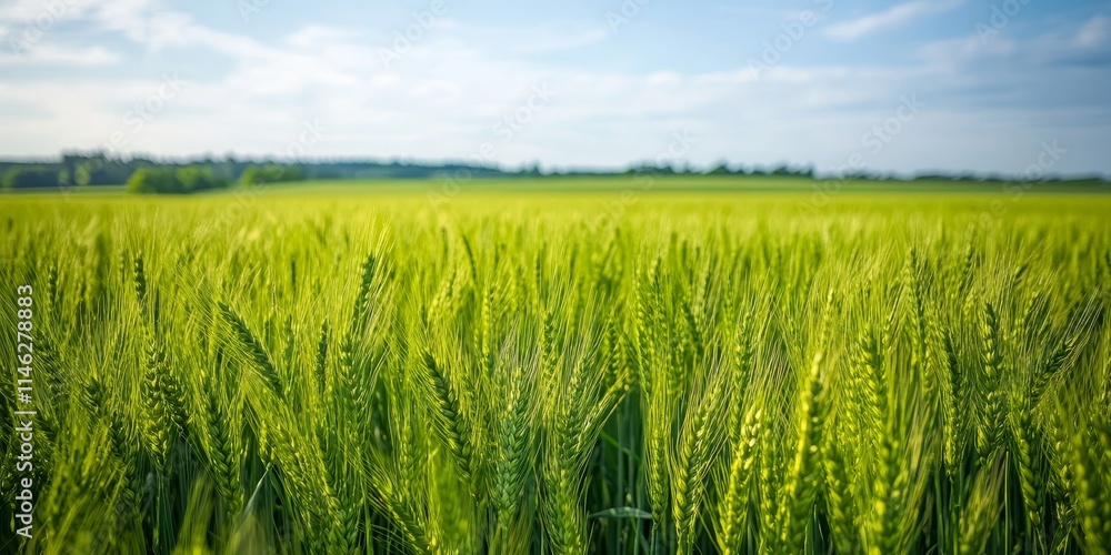Poster close up view of a vibrant green cereal field, showcasing the lush texture and rich color of the cer