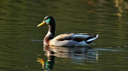 Fototapeta premium Mallard duck swimming gracefully in a calm pond during early morning light