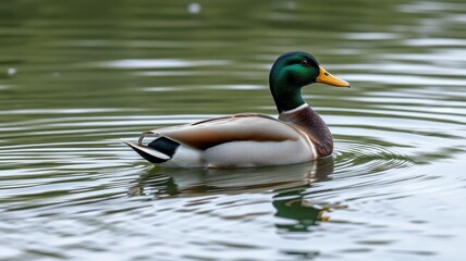 Fototapeta premium Mallard duck gliding smoothly across the calm surface of a serene lake during the early morning hours