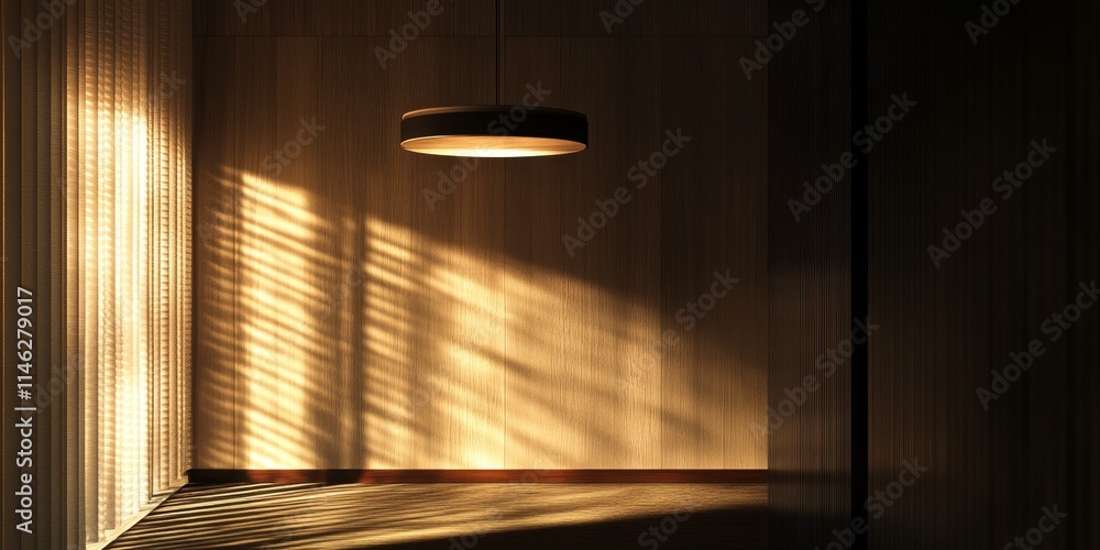 Fototapete A ceiling light is illuminating the space, creating shadows that are cast onto the wall, showcasing the contrast between light and dark elements.