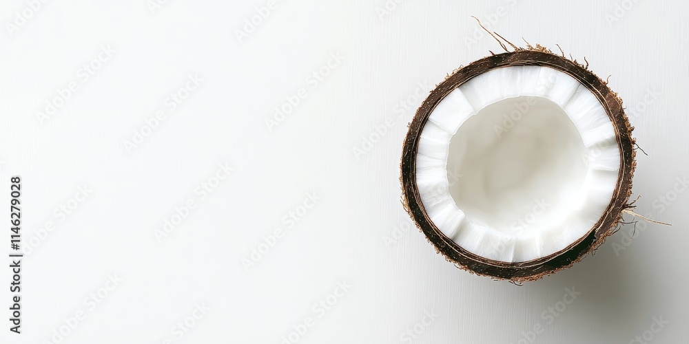 Poster Coconut isolated on a white background, featuring ample copy space for your text. This top view and flat lay of coconut highlights its unique texture and visual appeal.