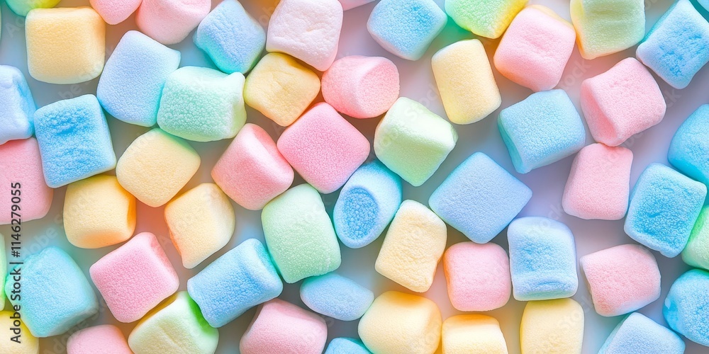 Poster Pastel colored marshmallow treats create a delightful, colorful marshmallows candy background. This sweets pattern showcases an array of different colorful candy, perfect for a vibrant design.