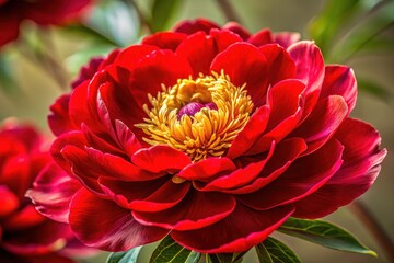 Red Peony Flower Golden Line Art, High Depth of Field, Botanical Illustration, Floral Design,  Luxury Flower, Elegant Peony, Gold Leaf,  Red Bloom, Nature Photography