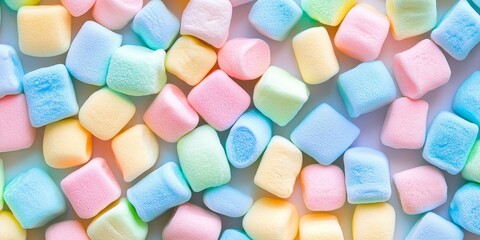Pastel colored marshmallow treats create a delightful, colorful marshmallows candy background. This sweets pattern showcases an array of different colorful candy, perfect for a vibrant design.