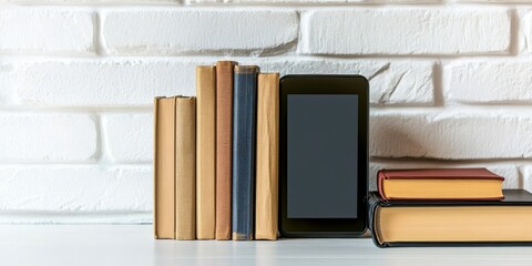 Portable e book reader alongside a variety of hardcover books displayed on a white textured table, offering ample space for text and creativity in this cozy reading environment.