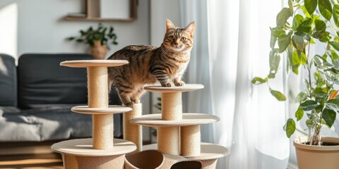 Contemporary scratching post for cats. A whimsical cartoon style climbing tower for felines, perfect for your home decor. Ideal for playful cat activities at home.
