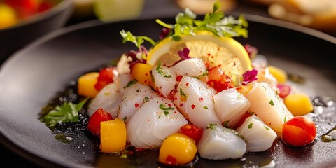 Delicious ceviche featuring fresh white fish served beautifully on a black dish, showcasing the vibrant colors and flavors of ceviche with white fish as a delightful culinary experience.
