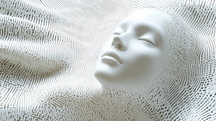 Creative white human head on wavy background with binary code. Future, robotics and artificial intelligence background. 3D Rendering