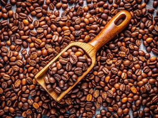 Fototapeta premium Roasted coffee beans, scattered artfully, a wooden shovel rests nearby, all captured from above.
