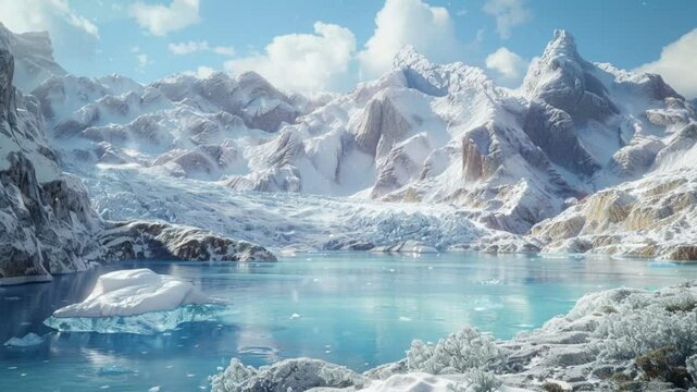 Snowy mountains reflecting on clear turquoise glacial lake. Majestic winter landscape concept Seamless looping 4k time-lapse animation video background