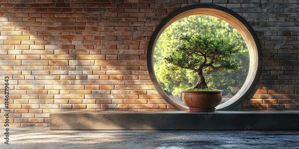 Aufkleber brick wall features a round window door leading into an open garden, showcasing a small bonsai tree 